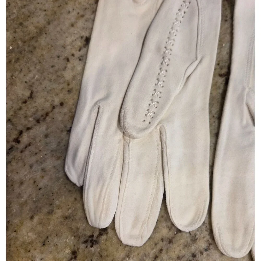 Vintage Womens Size XS Off-White Suede Short Formal Gloves Cross Stitch Stripe